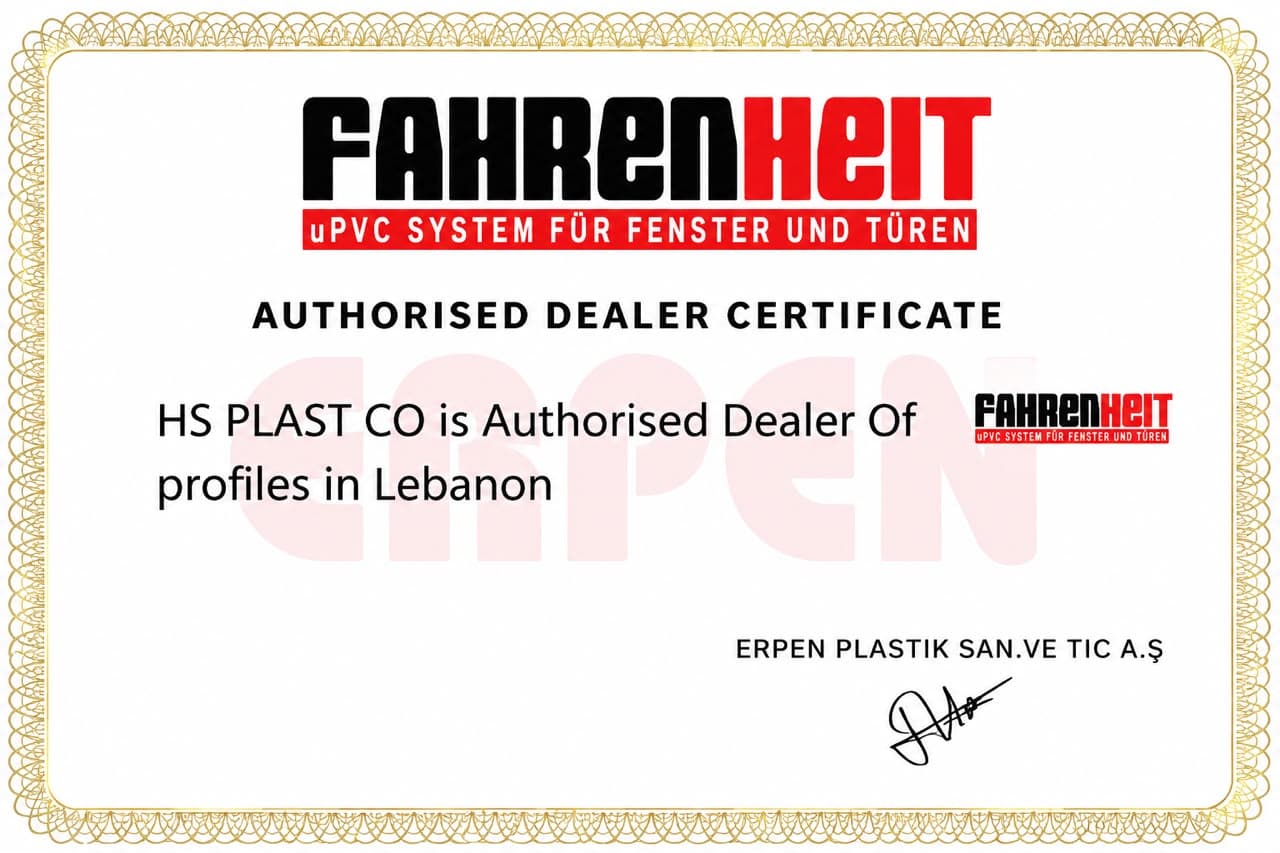 Fahrenheit authorised dealer certificate for HS Plast Co in Lebanon